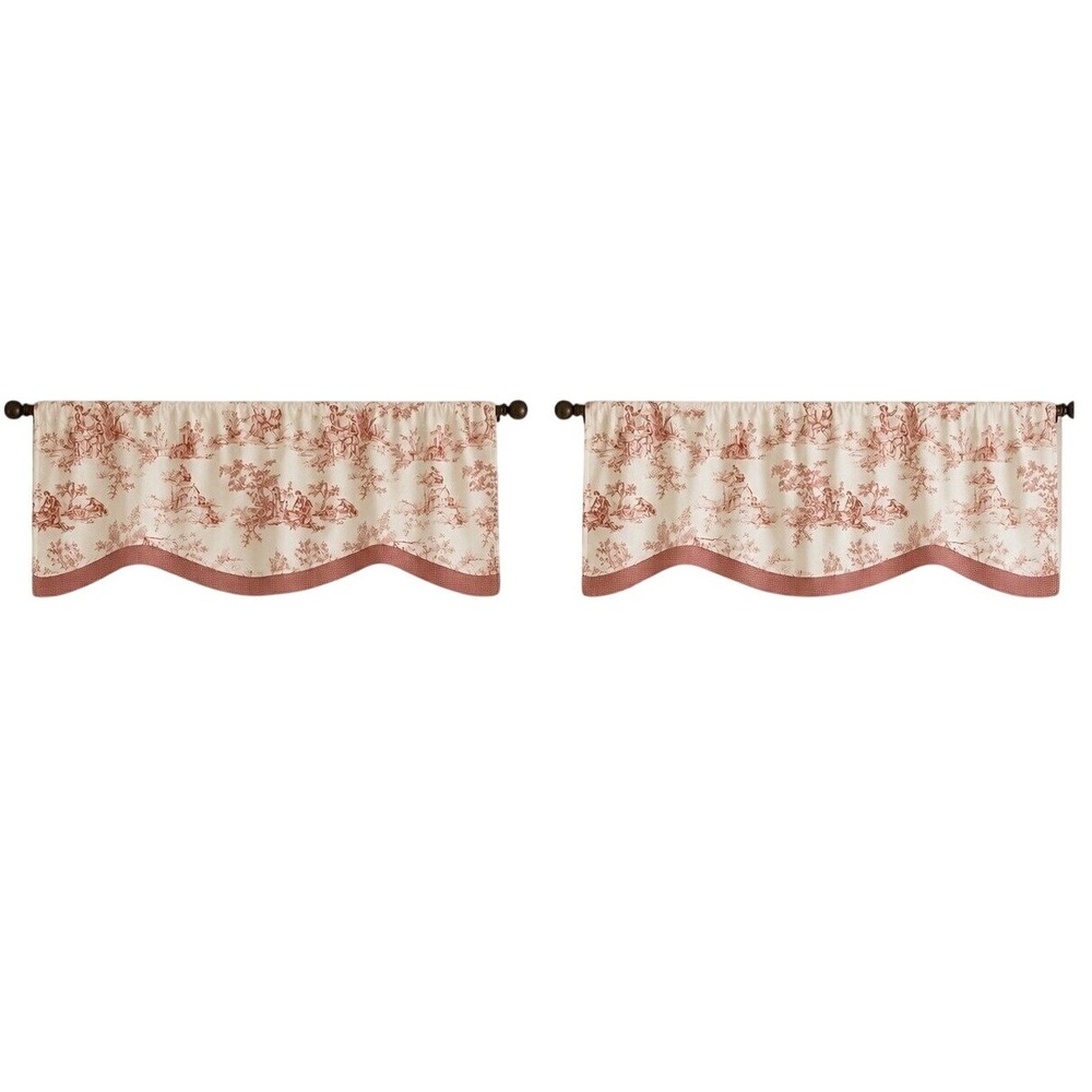 Vintage Country Curtains Red Toile Valance Pair Scalloped French Country Cottage